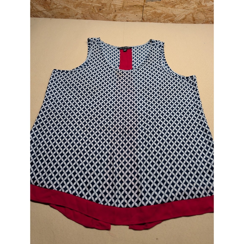 Zac & Rachel Women's Shirt Sleeveless Navy Geo Print With Red Trim Open Back